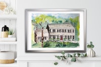 a watercolor painting of a house in front of a fireplace