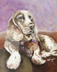 a painting of a brown and white dog